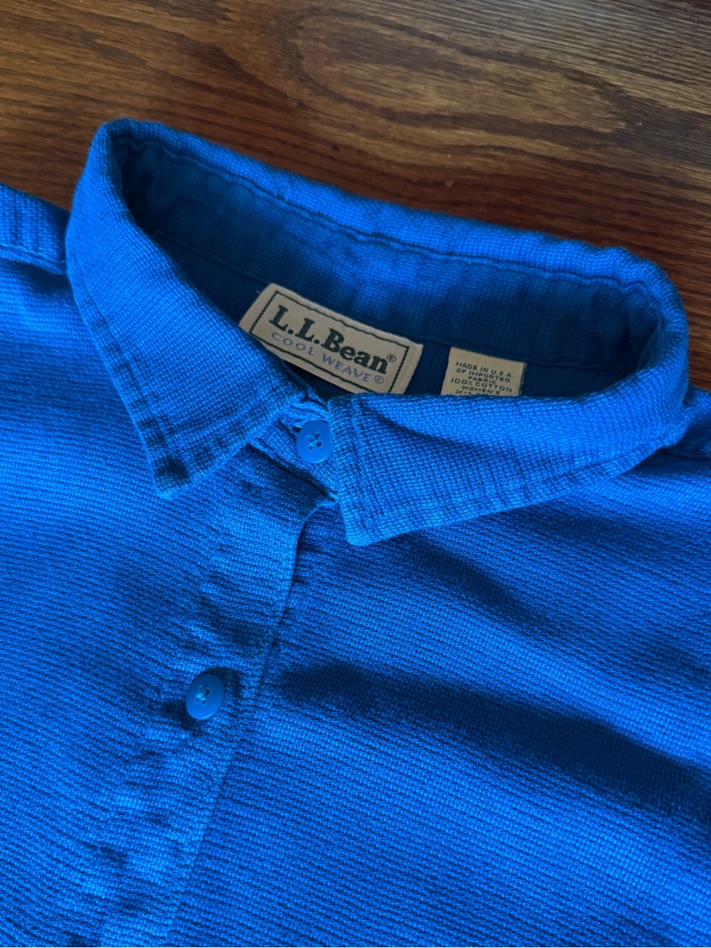 LL Bean Women’s Cool Weave Vintage Short Sleeve Button Down Shirt Teal Blue XL